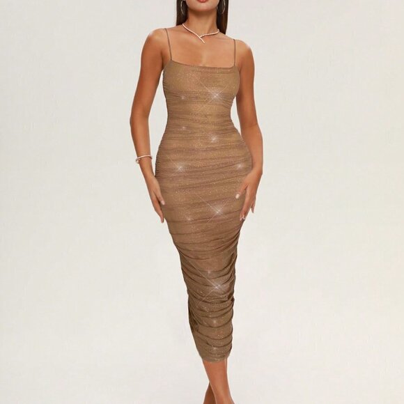 Brown Preppy Womens Folds Women Dress Birthday Party Sleeveless Mesh Long Dresse - Picture 5 of 5